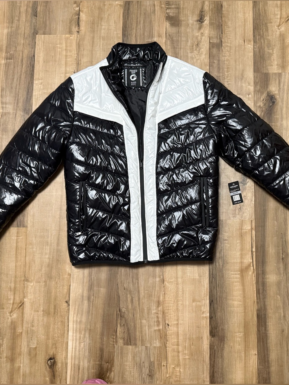 Fried Denim Black and White Shiny Quilted Puffer Jacket Size M